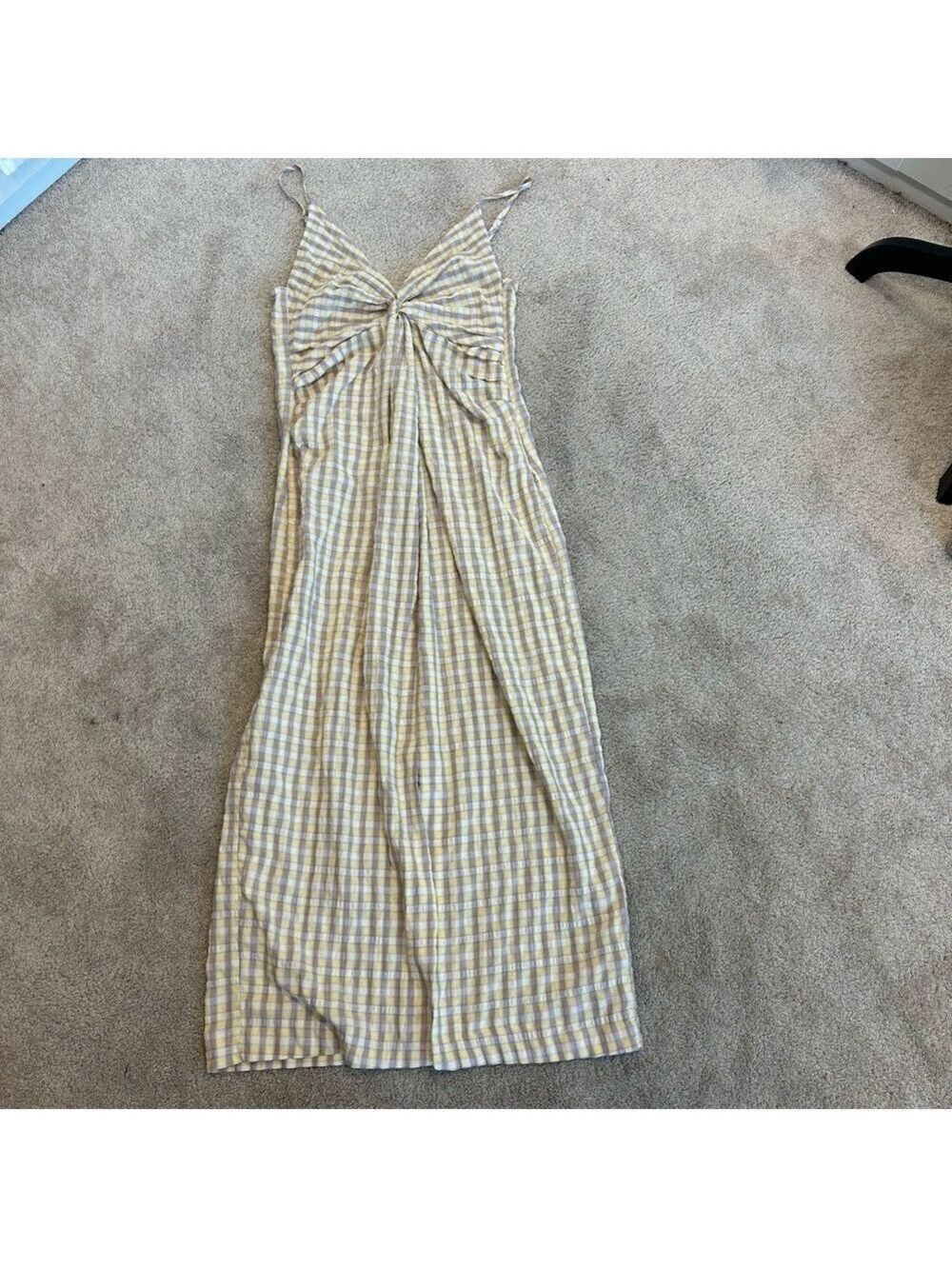 Zara yelllow gingham check plaid twist knot detail front slit midi dress size M